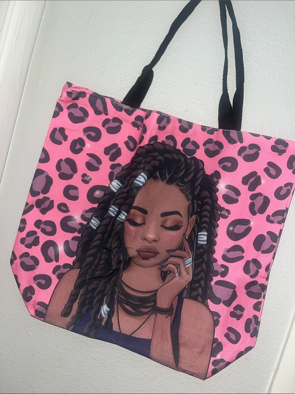 Pink Leopard Print Tote Bag with Illustrated Design
